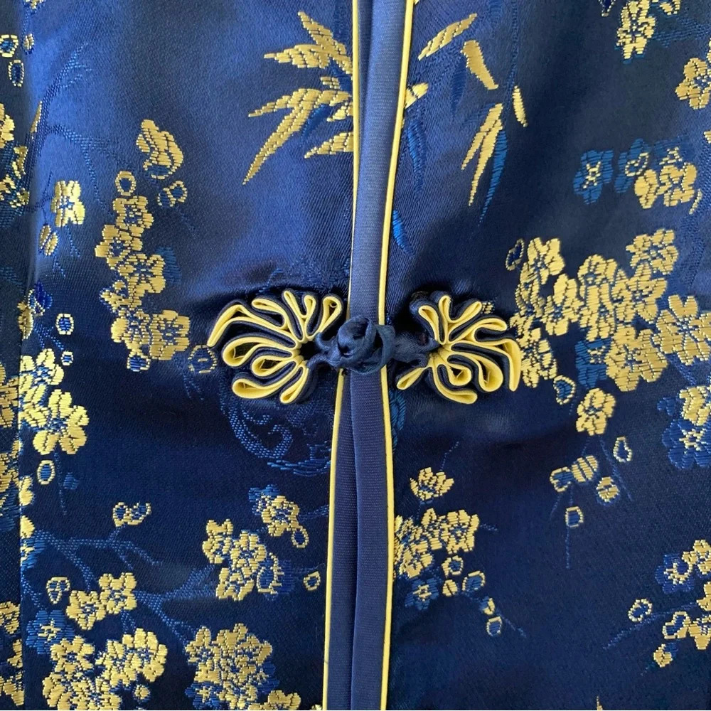 Vintage Qipao Cheongsam Blue & Gold Floral Dress Size M - Picture 3 of 6